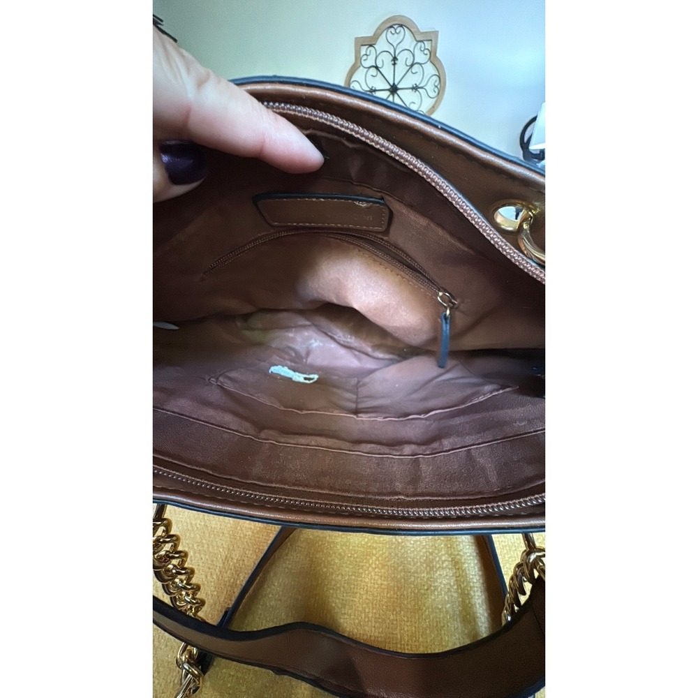 Adrienne Vittadini Cognac Brown Tote Bag Snakeskin Trim Gold Chain Shoulder Bag - Picture 2 of 2